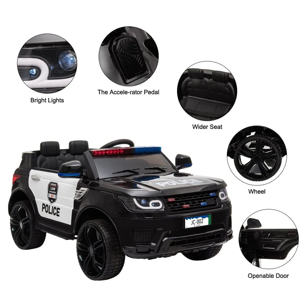 12V Zimtown Kids Ride on Car Police Electric Car with Remote Control, Music, Seat Belts, LED Lights - Black