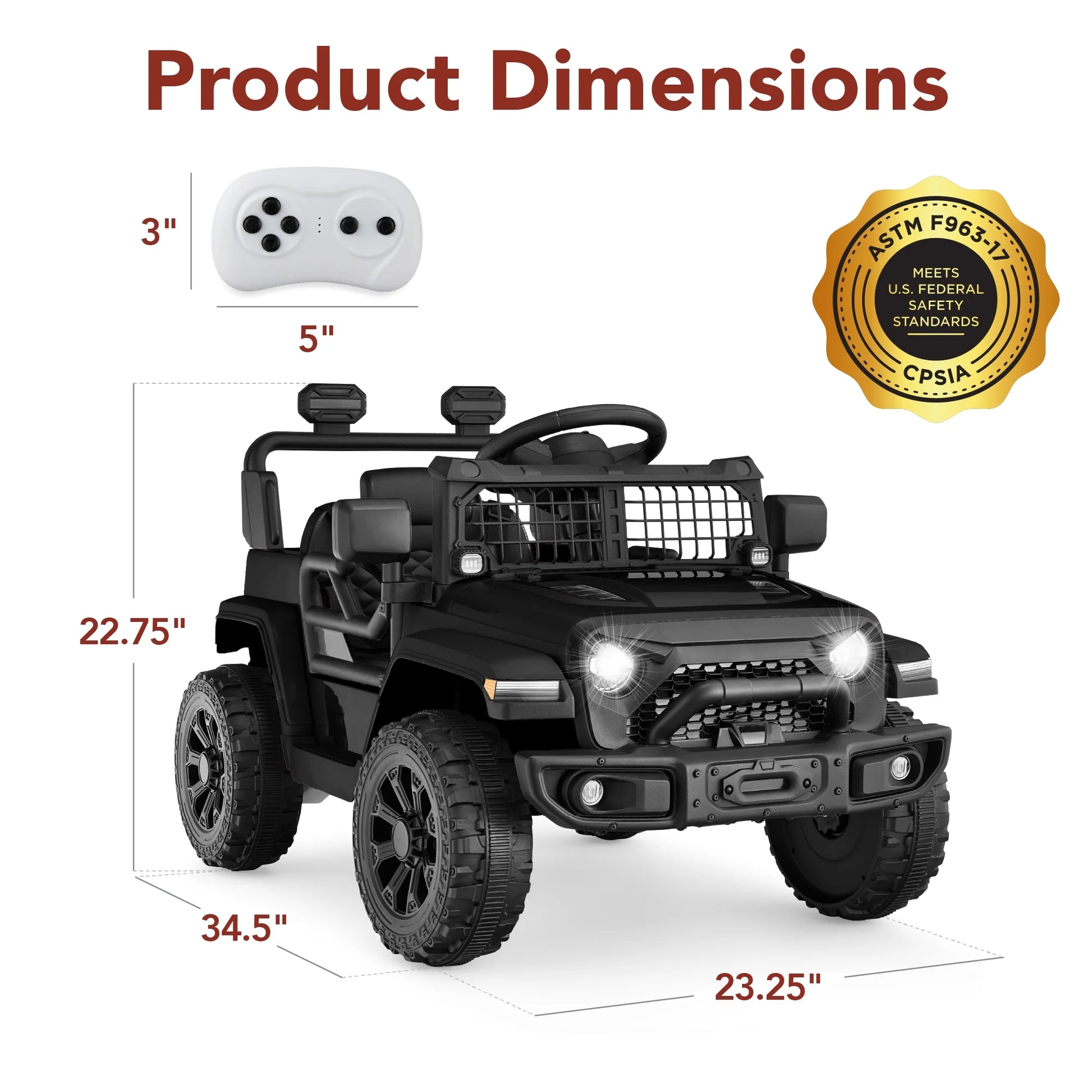 6V Kids Ride-On Truck Car W/ Parent Remote Control, 4-Wheel Suspension, LED Lights - Black