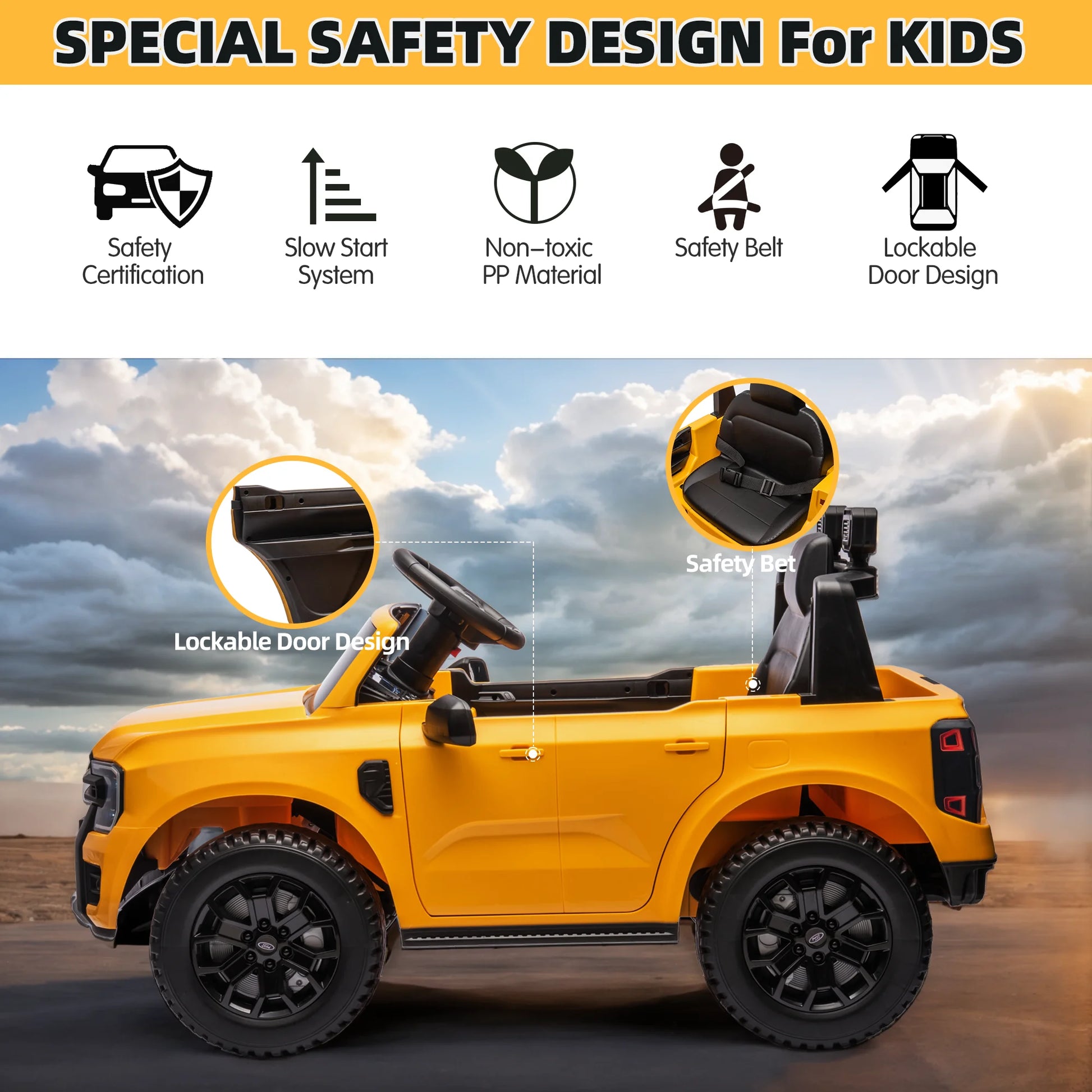 12V Ford Ranger Kids Battery Powered Electric Ride on Truck with Parent Remote Control - Yellow