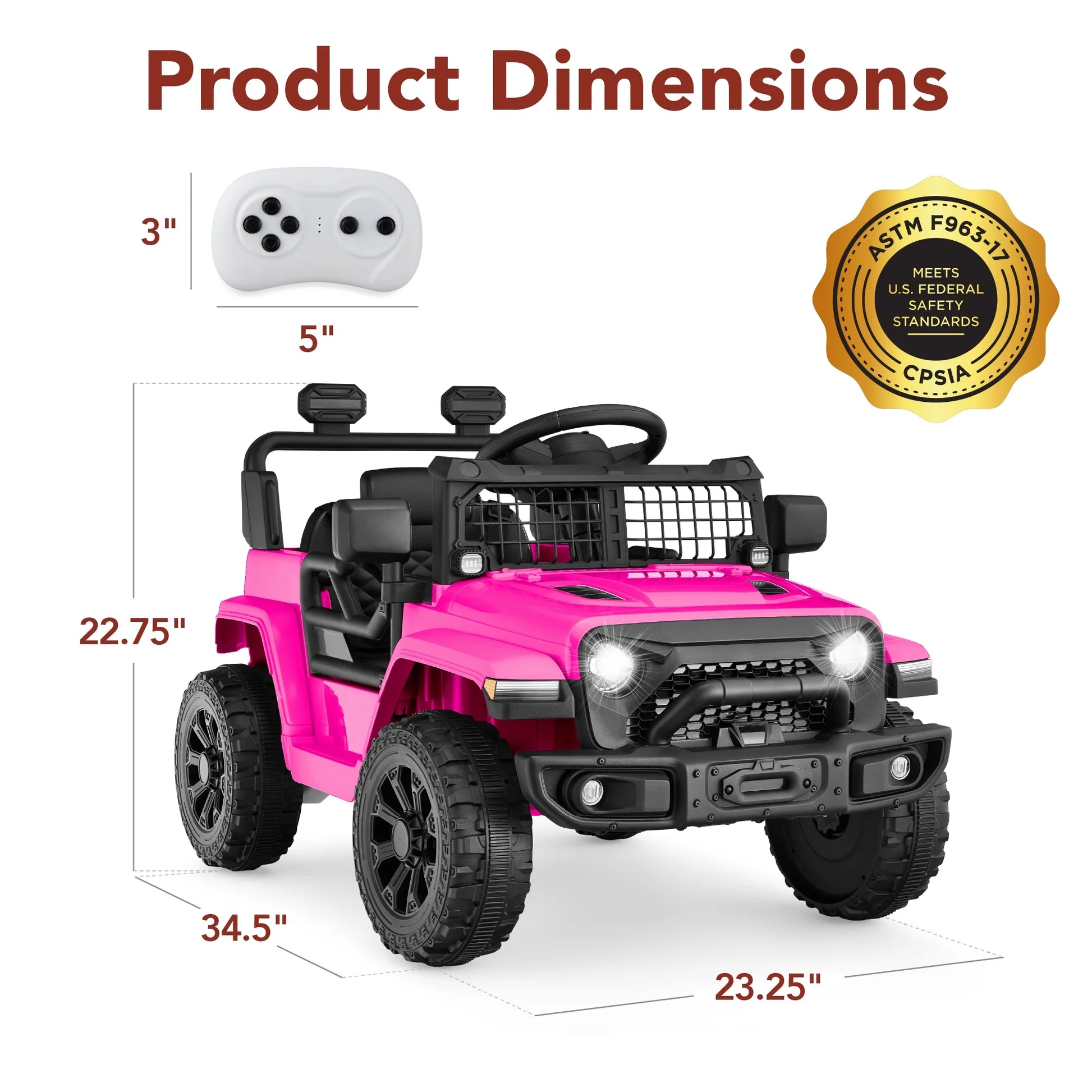 6V Kids Ride-On Truck Car with Parent Remote Control, 4-Wheel Suspension, LED Lights - Hot Pink