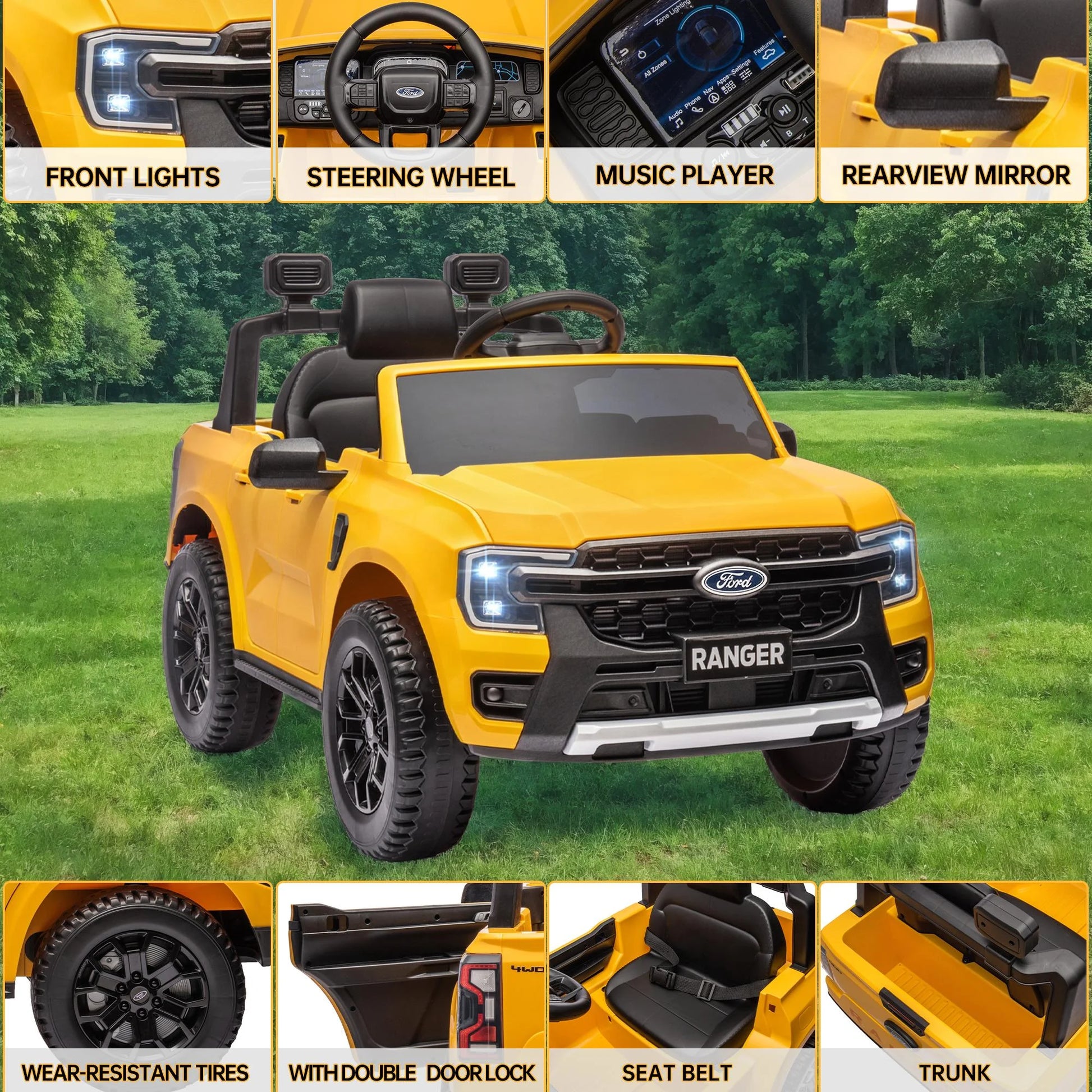 12V Ford Ranger Kids Battery Powered Electric Ride on Truck with Parent Remote Control - Yellow