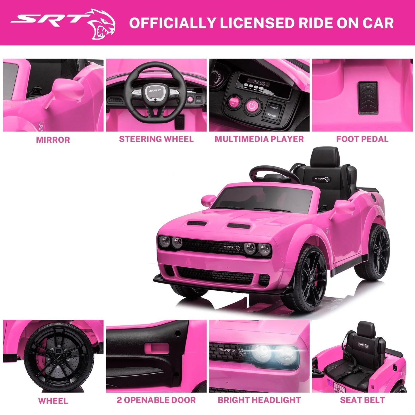 12V Dodge Challenger SRT Hellcat Kids Battery Powered Electric Ride on Car with Parent Remote Control - Pink