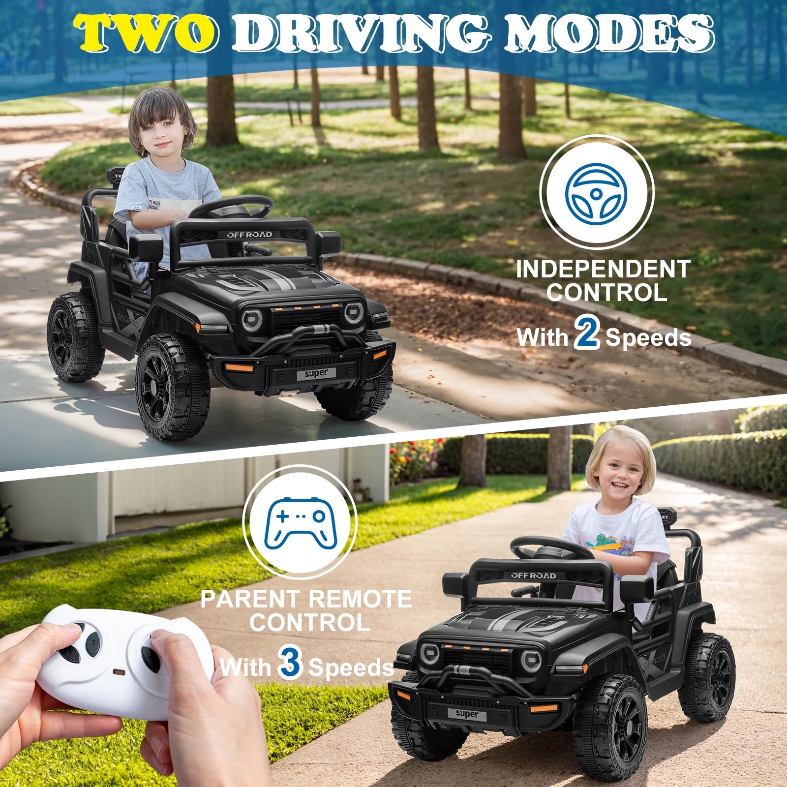 12V Kids Battery Powered Electric Ride on Truck with Parent Remote Control - Black