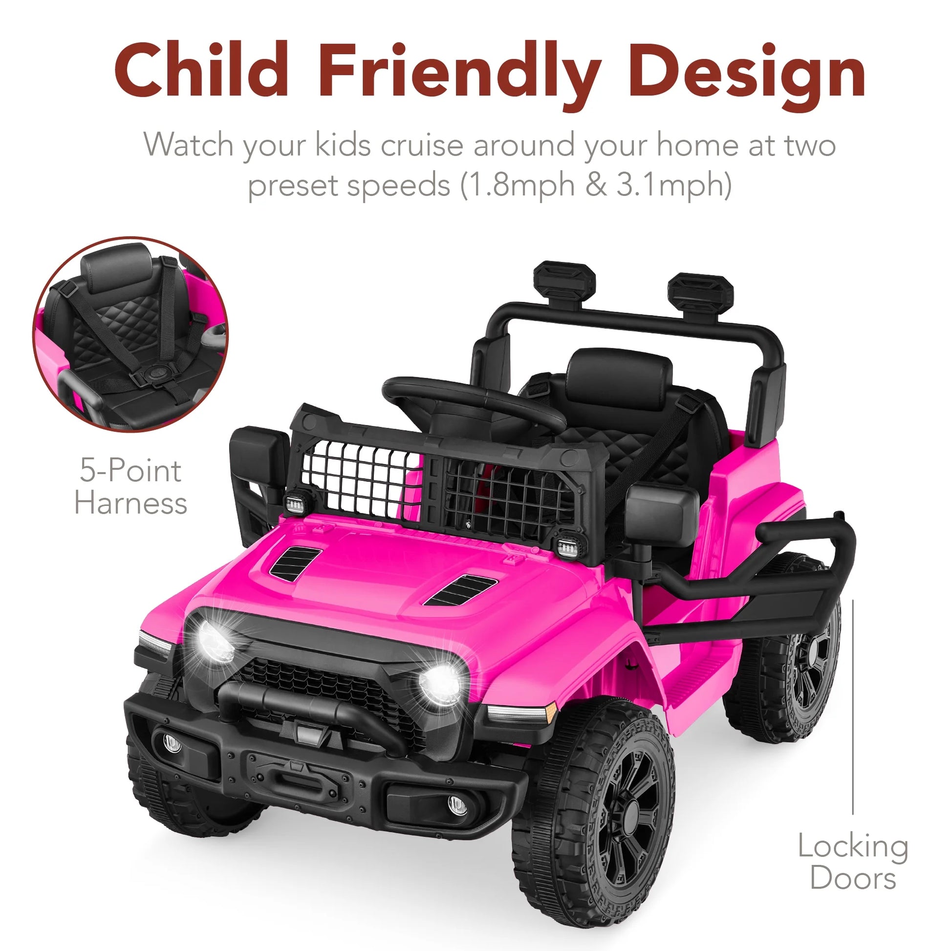 6V Kids Ride-On Truck Car with Parent Remote Control, 4-Wheel Suspension, LED Lights - Hot Pink