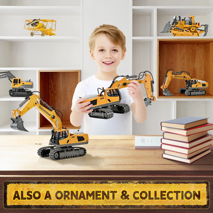 Construction Toys - Mini Remote Control Excavator, RC Construction Vehicles Toys with Metal Shovel, Lights, Sound and 2 Rechargeable Batteries. Best Gift for Kids