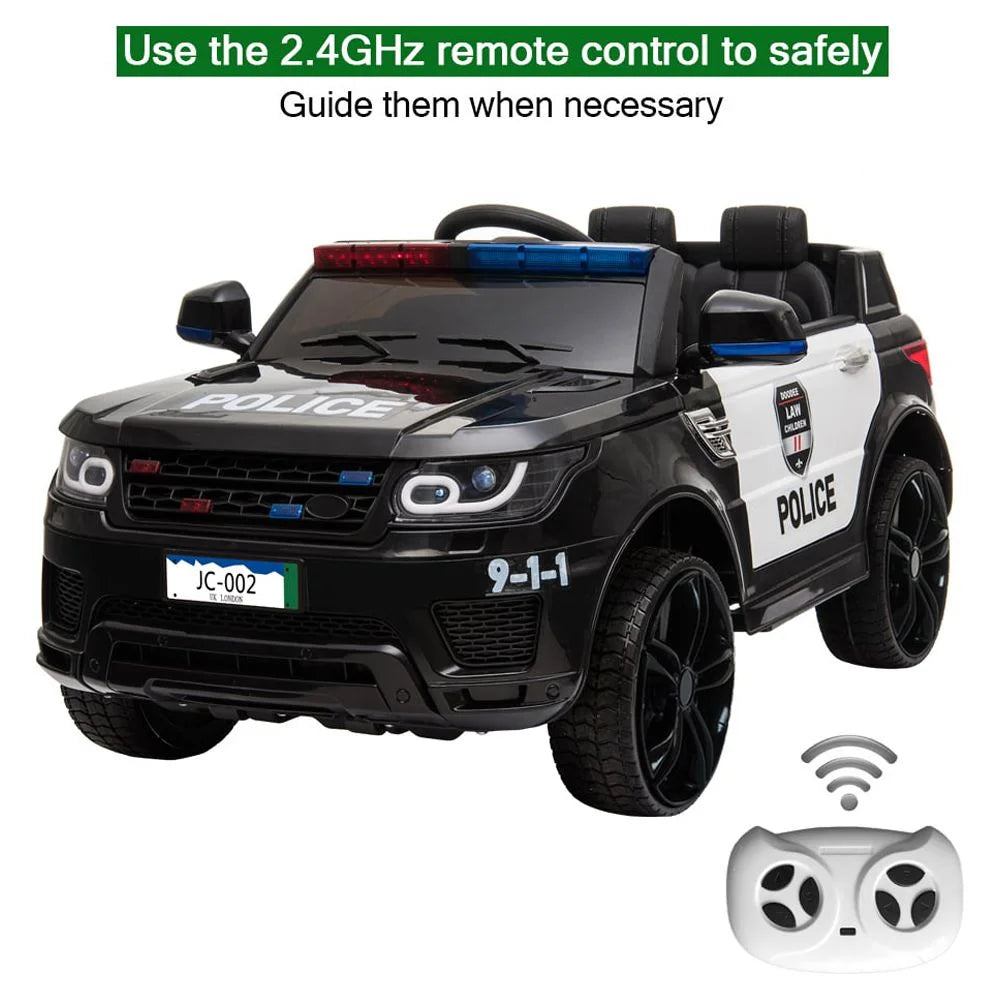 12V Zimtown Kids Ride on Car Police Electric Car with Remote Control, Music, Seat Belts, LED Lights - Black