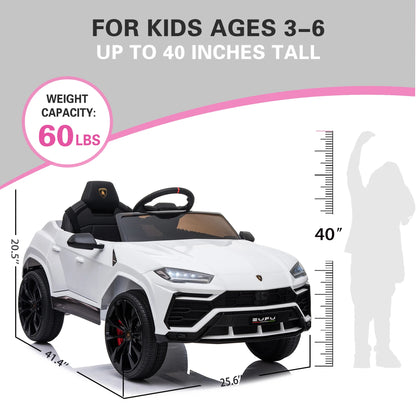 12V Lamborghini Urus Kids Battery Powered Electric Ride on Car with Parent Remote Control - White