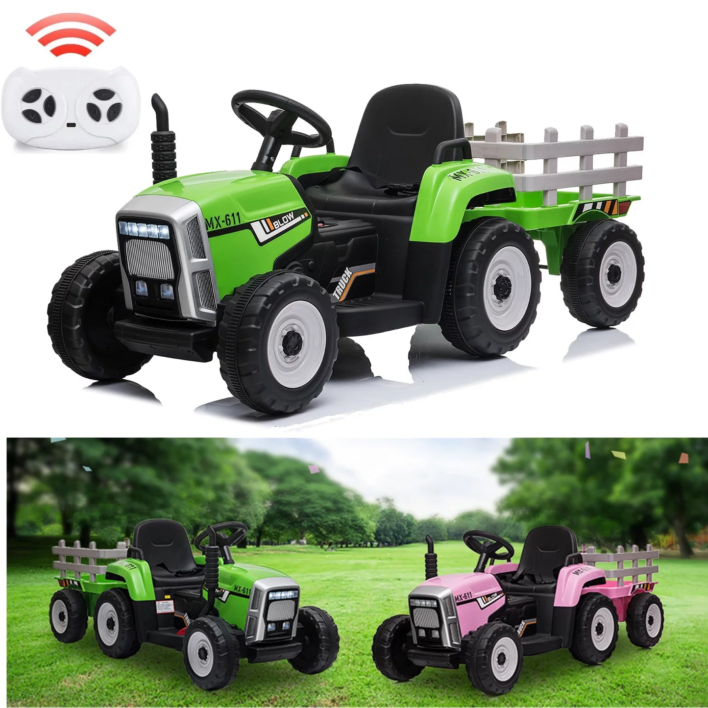 12V Kids Battery Powered Ride on Tractor Trailer with Parent Remote Control