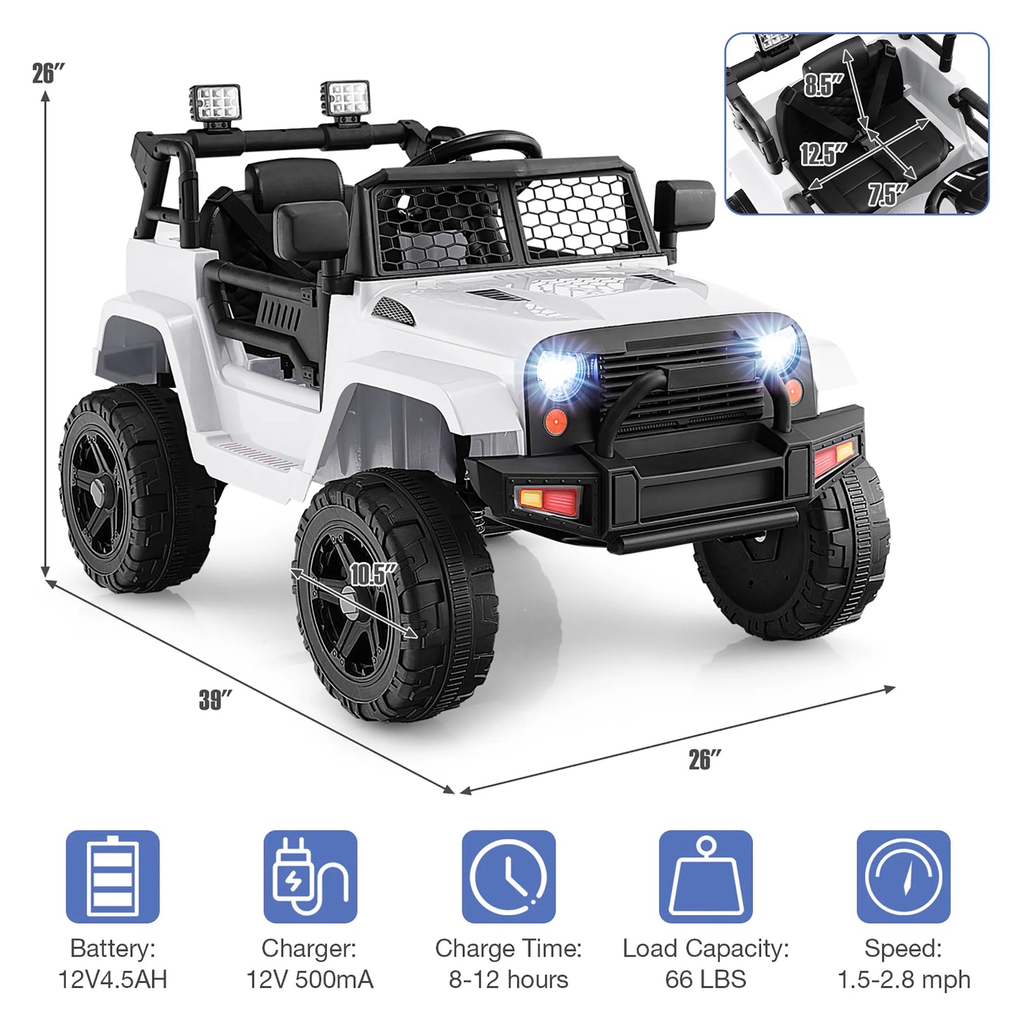 12V Kids Ride on Truck Car Electric Vehicle Remote W/ Music & Light White