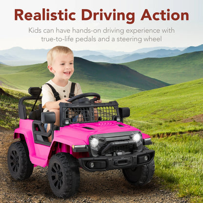 6V Kids Ride-On Truck Car with Parent Remote Control, 4-Wheel Suspension, LED Lights - Hot Pink