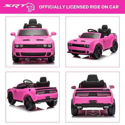 12V Dodge Challenger SRT Hellcat Kids Battery Powered Electric Ride on Car with Parent Remote Control - Pink