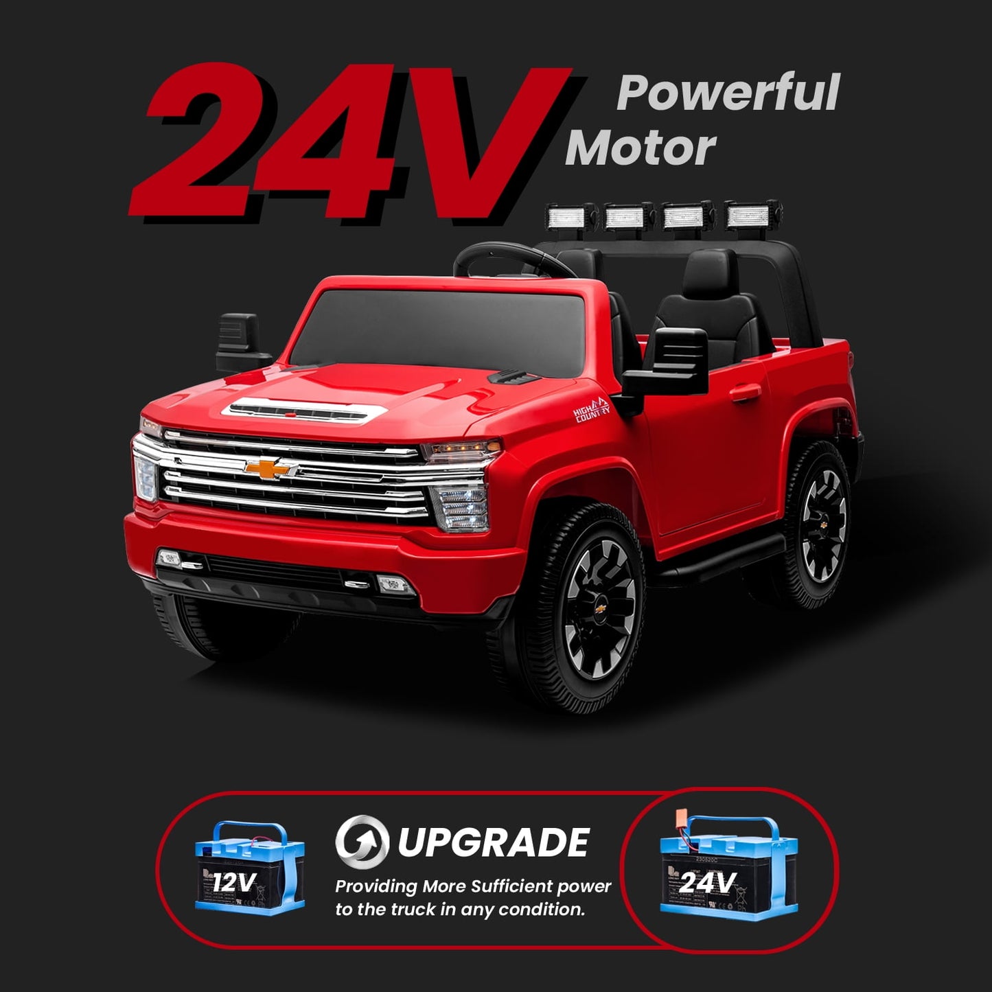 24V Chevrolet Silverado Kids Battery Powered Electric Ride on Truck with Parent Remote Control - Red