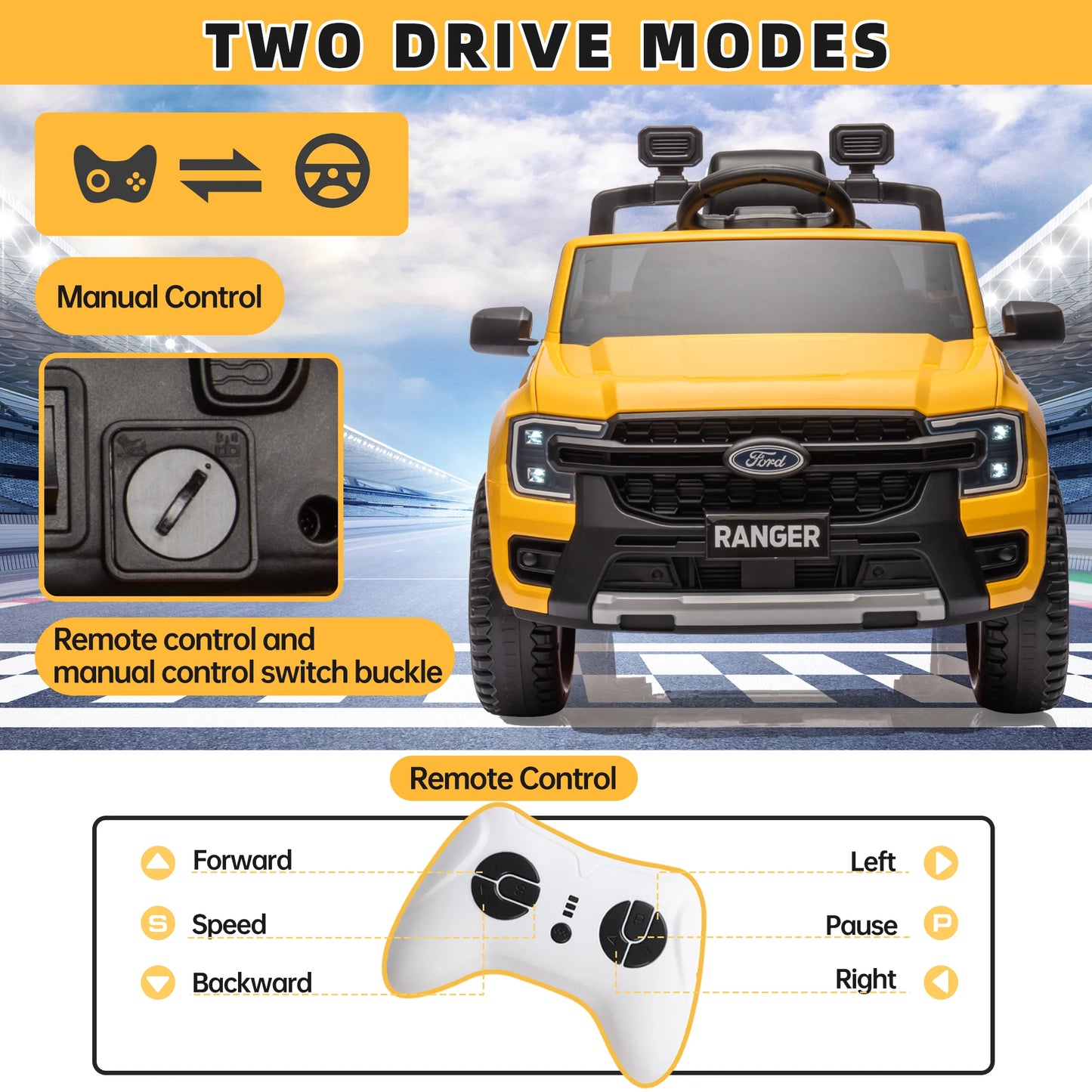 12V Ford Ranger Kids Battery Powered Electric Ride on Truck with Parent Remote Control - Yellow