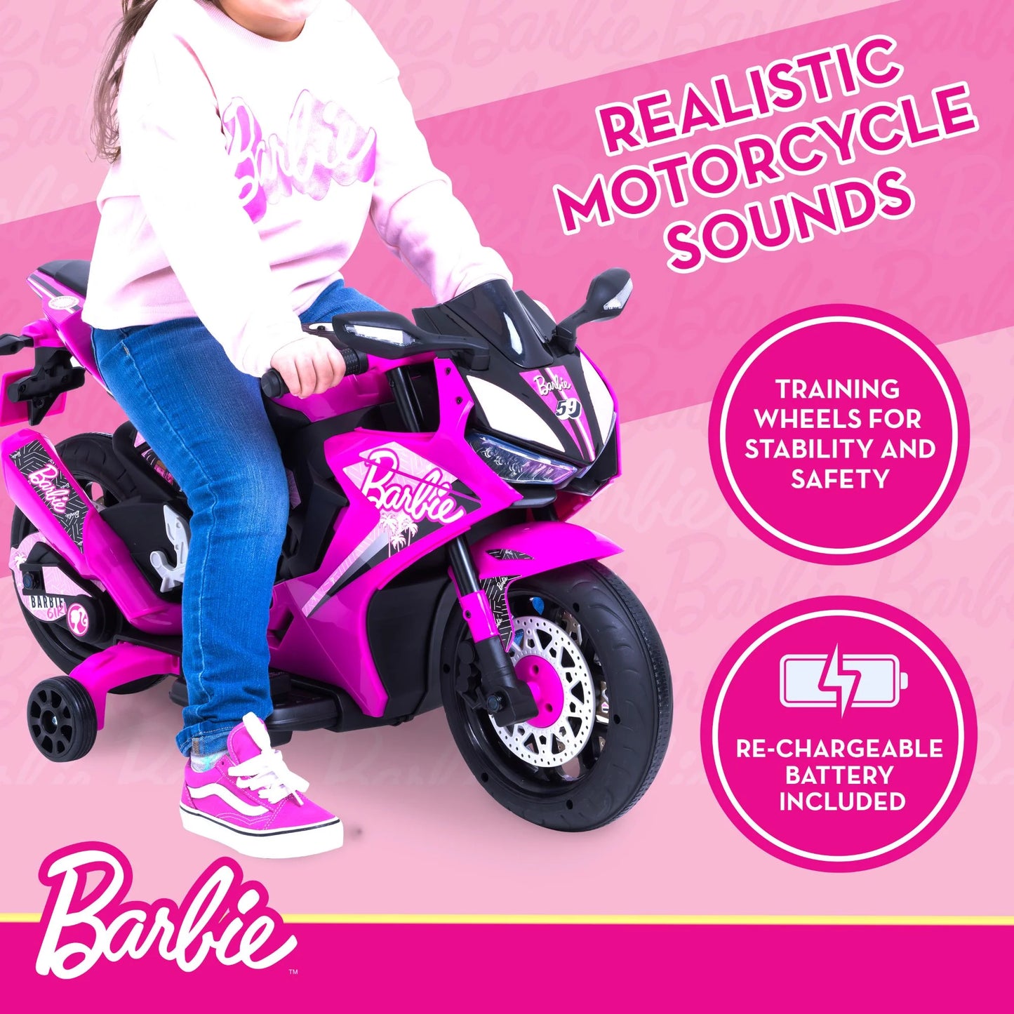 6V Barbie Kids Battery Powered Electric Ride on Motorcycle or Kids - Pink