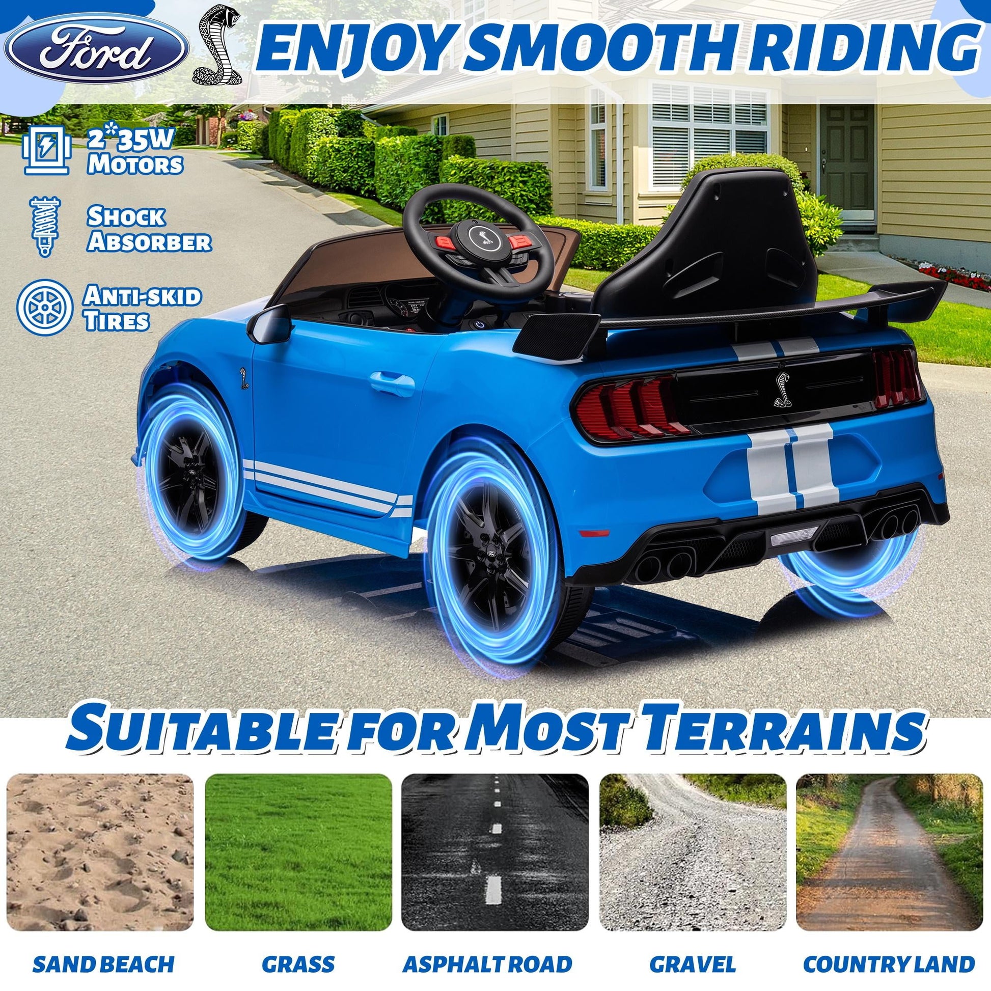 12V Ford Mustang Shelby Kids Battery Powered Electric Ride on Car with Parent Remote Control - Blue