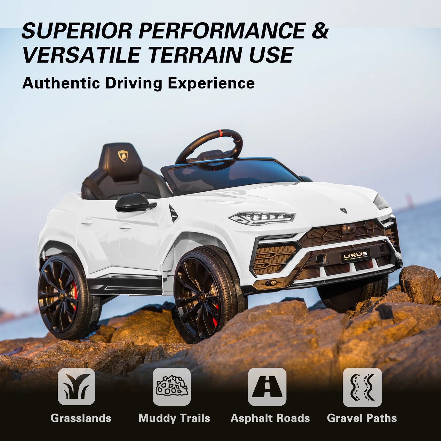 12V Lamborghini Urus Kids Battery Powered Electric Ride on Car with Parent Remote Control - White