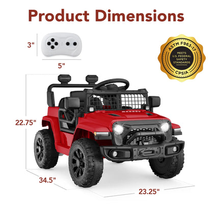 6V Kids Ride-On Truck Car W/ Parent Remote Control, 4-Wheel Suspension, LED Lights - Red