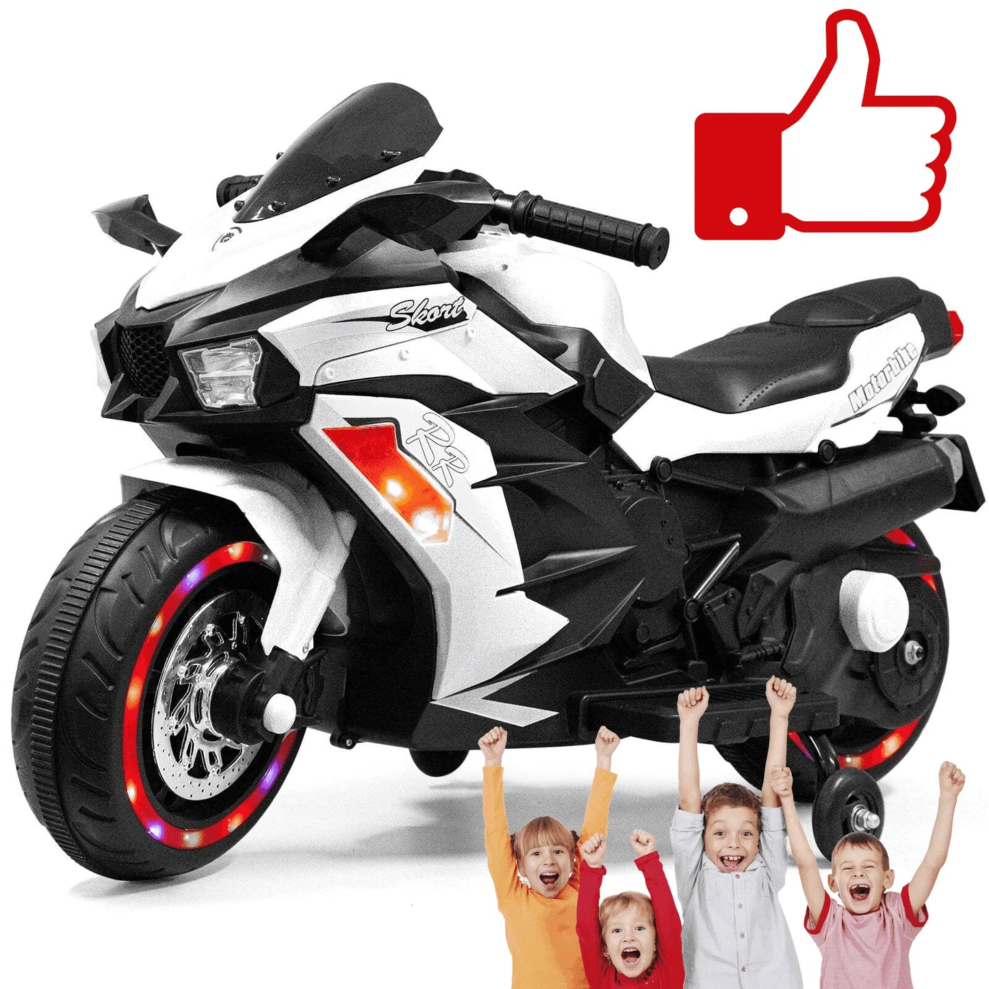 12V Electric Motorcycle with Music, Bluetooth, Lights - White