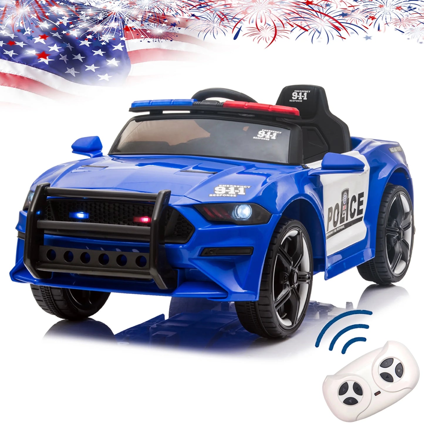 12V Kids Battery Powered Electric Ride on Police Car with Parent Remote Control - Blue