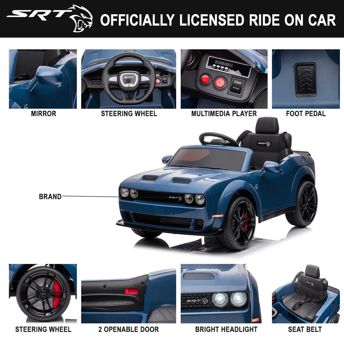 12V Dodge Challenger SRT Hellcat Kids Battery Powered Electric Ride on Car with Parent Remote Control - Blue