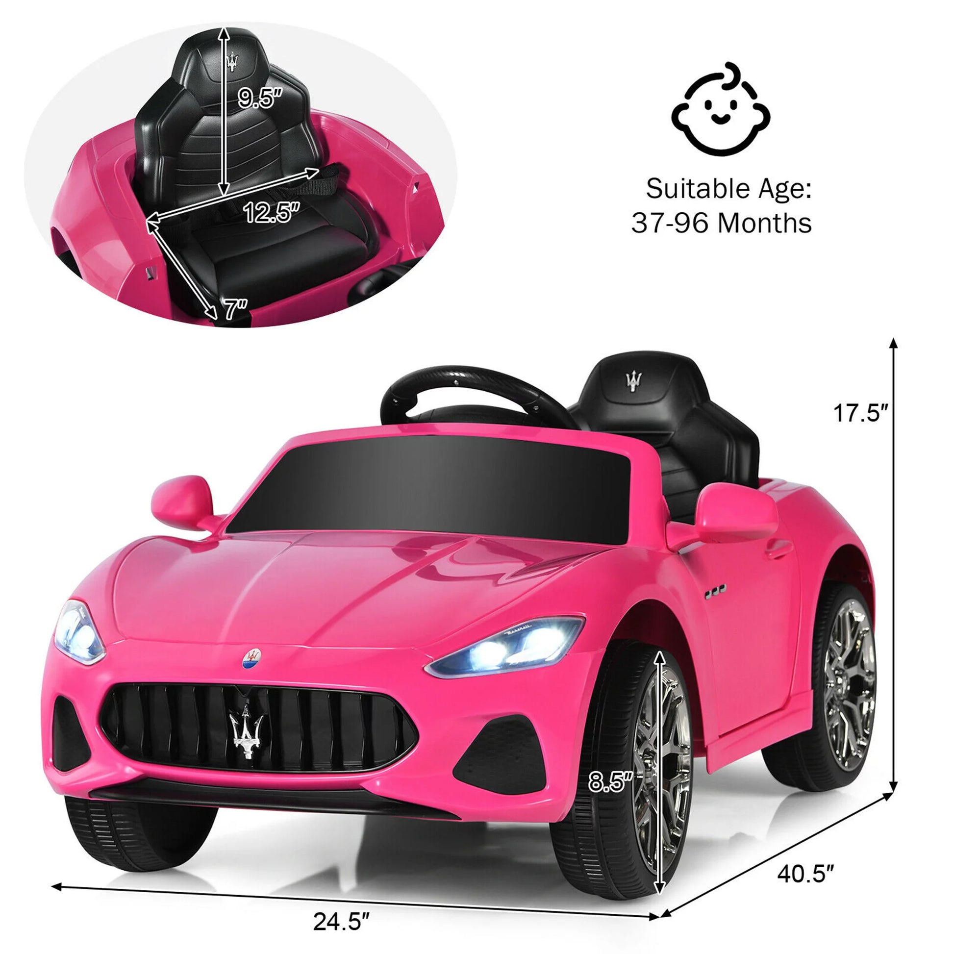 12V Maserati Grancabrio Ride on Car with Remote Control and Lights - Pink