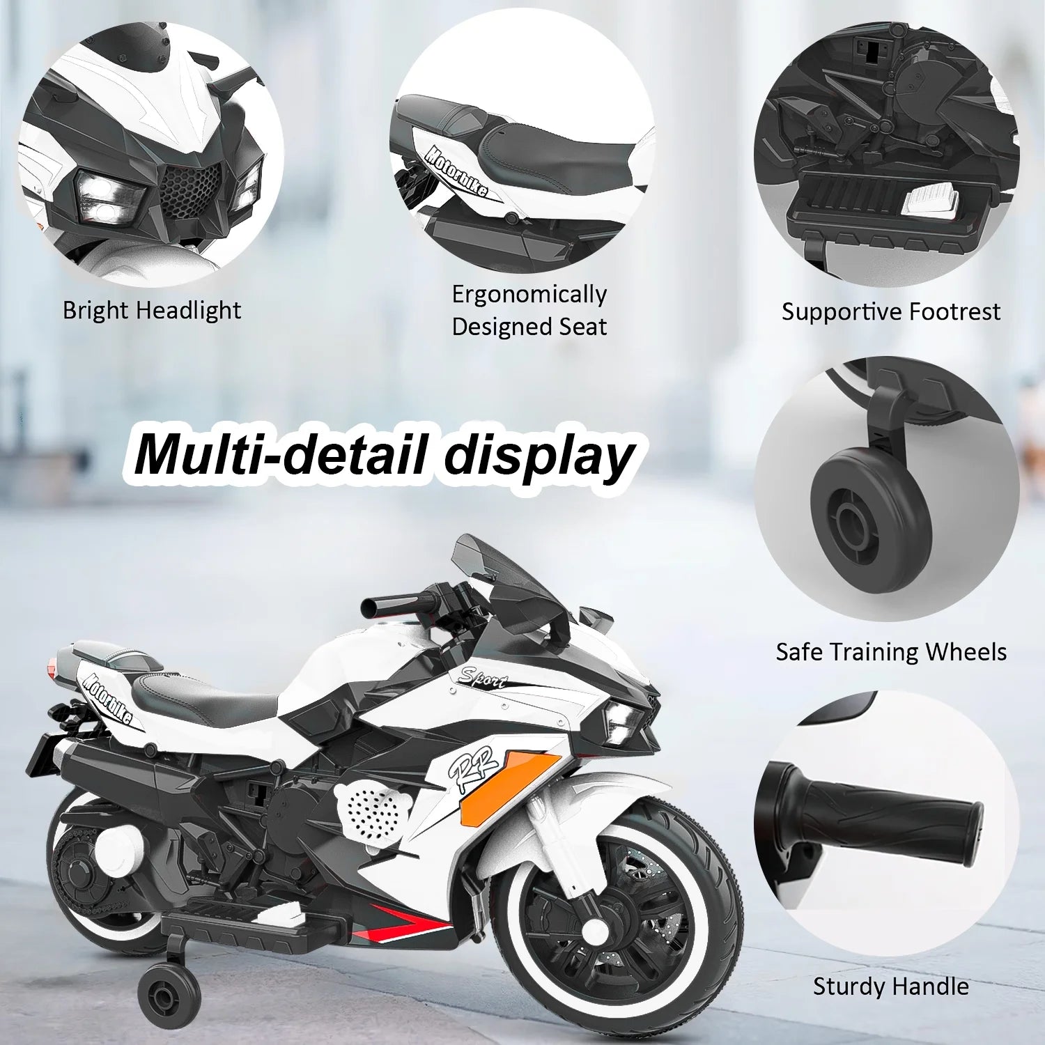 12V Electric Motorcycle with Music, Bluetooth, Lights - White