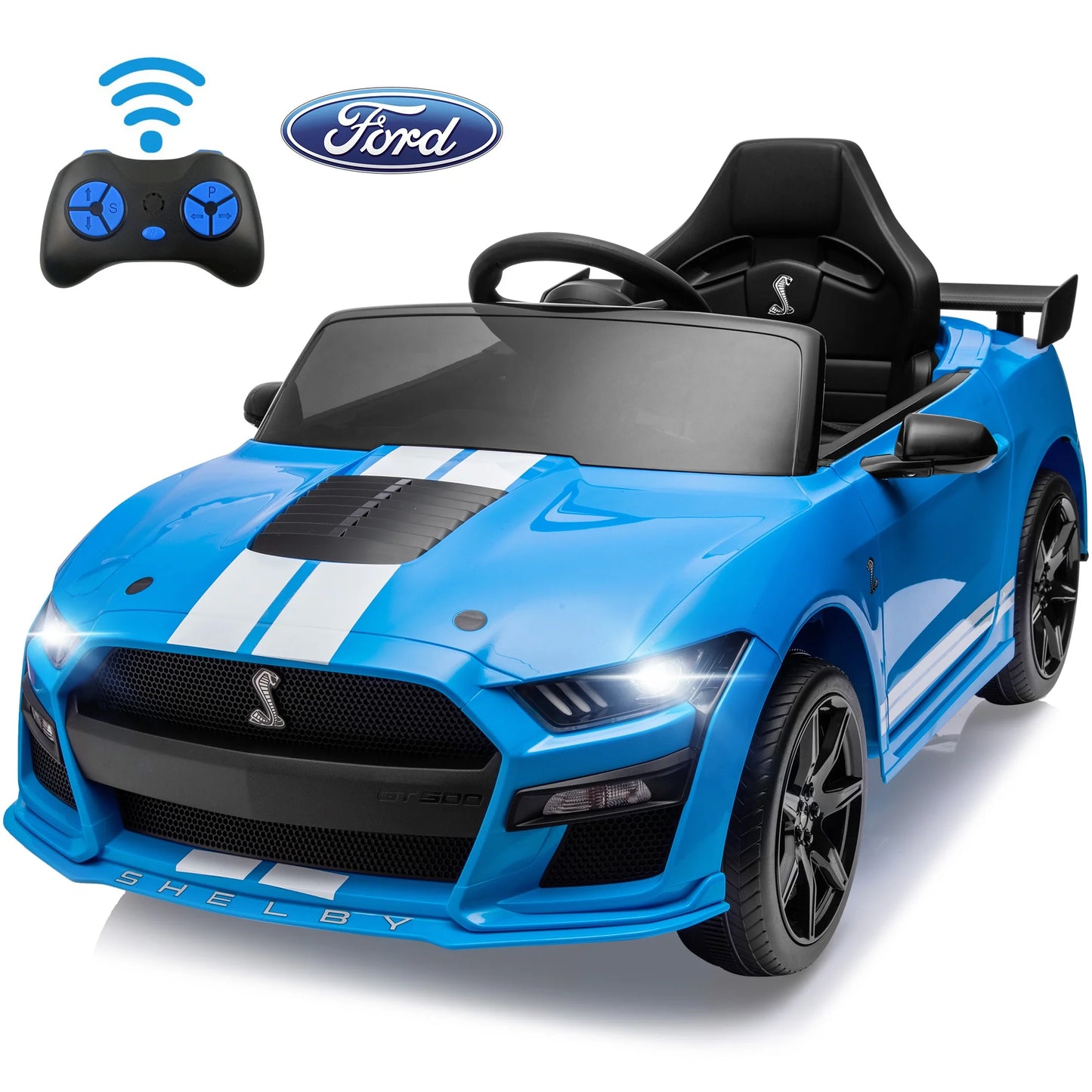 12V Ford Mustang Shelby Kids Battery Powered Electric Ride on Car with Parent Remote Control - Blue