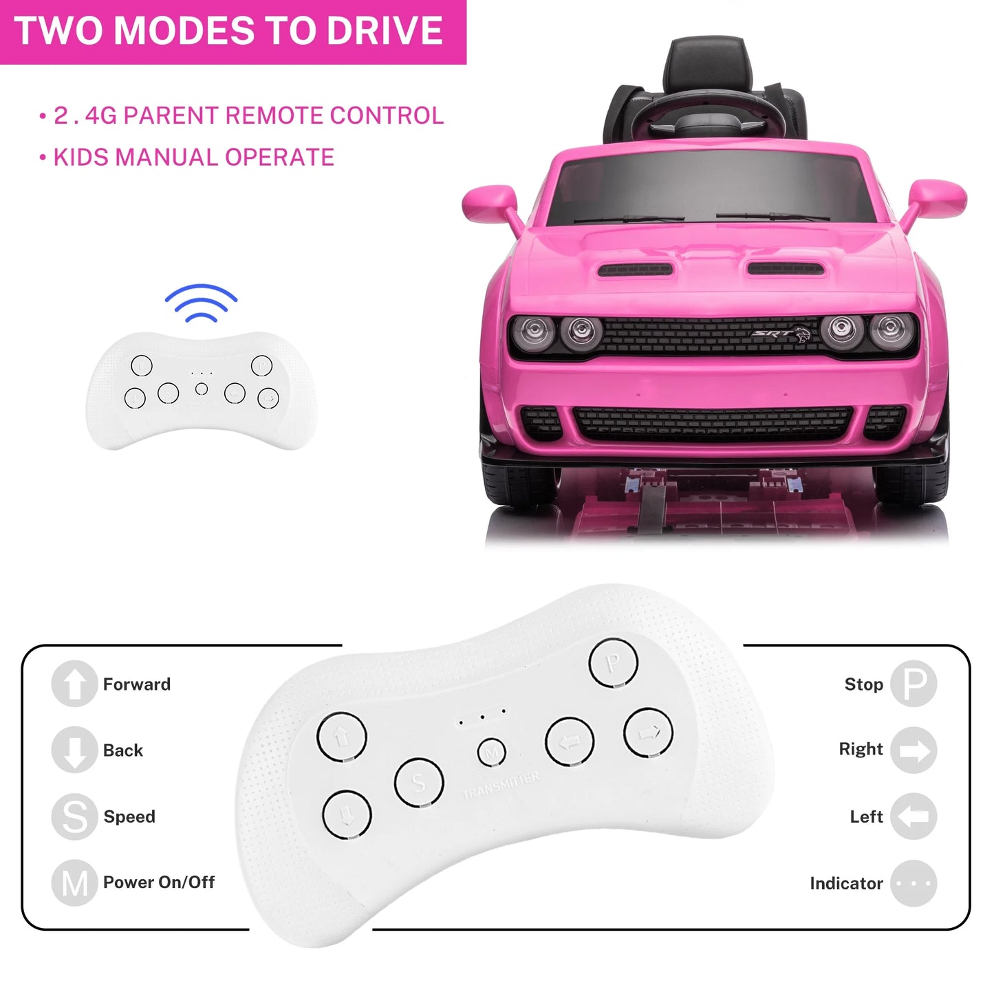 12V Dodge Challenger SRT Hellcat Kids Battery Powered Electric Ride on Car with Parent Remote Control - Pink