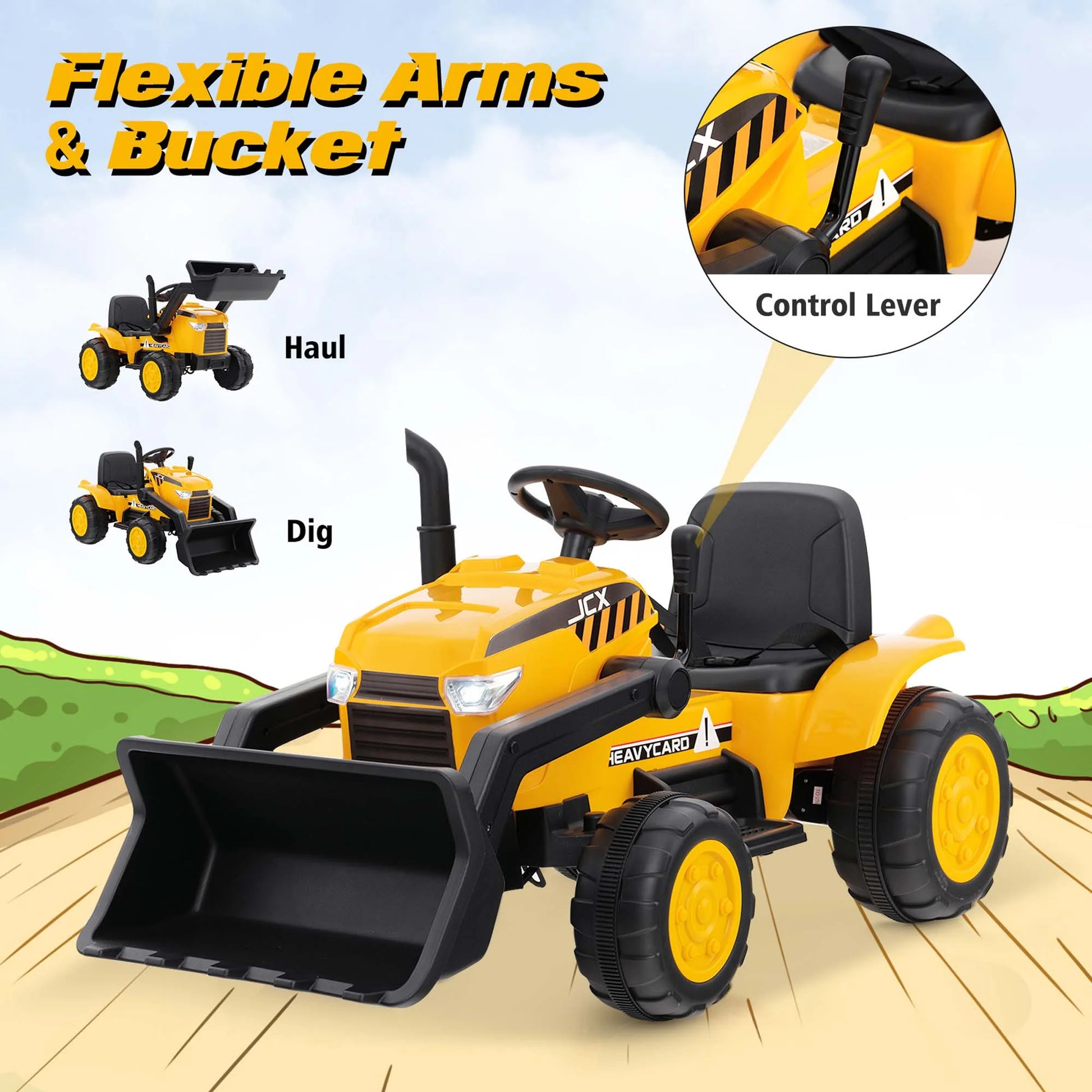 12V Kids Battery Powered Electric Ride on Excavator Digger with Parent Remote Control - Yellow